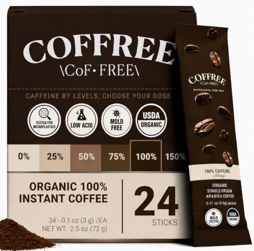 COFFREE Organic Instant Coffee Packets - Mold Free, Low Acid, Single-Origin Arabica - Individual Single Serve Coffee Sticks - Easy for Travel, Camping - Medium Roast - 100% Caffeine - 24 Count