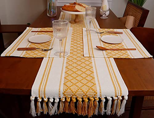 Image of ALSTONIA Cotton Table Runner -Pack of 7 The Style of Our Table Linen and Dining Rooms and Eating Areas (Yellow, 1 PCS Runner 6 PCS PLACMENT)