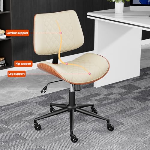 Image of Armless Office Chair with Silent Rubber Wheels, Mid Century Modern Small Desk Chair, No Arms Leather Computer Chair for Home Office, Swivel Vanity Chair, Rolling, Adjustable Height (Cream)