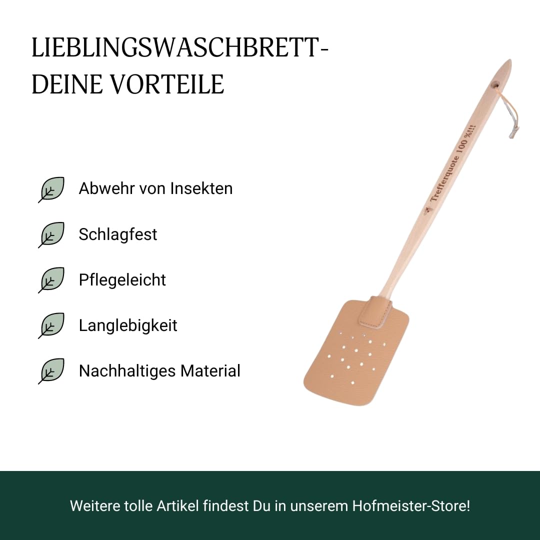 HOFMEISTER® Fliegenklatsche Groß aus Leder, Fliegentöter mit Holzstiel, Mückenklatsche, Insektenvernichter, Holzgriff, Effektiver Fliegenvertreiber & Mückenvernichter