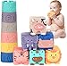 OleOletOy Baby Bausteine mit Stapelbecher Bauklötze Baby Montessori Badewannenspielzeug Tier Blöcke und Becher Beißspiel 12stk Set Stapelturm