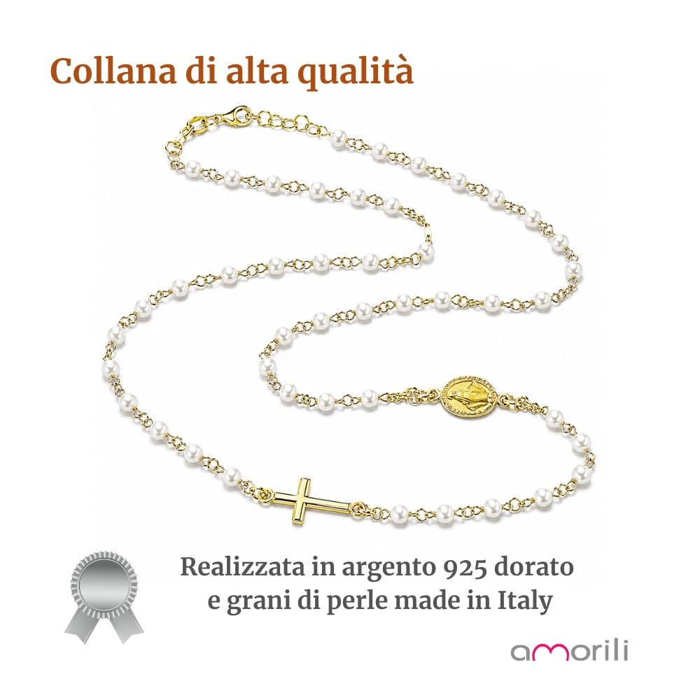 Collana Rosario Donna in Argento 925 Dorato Girocollo con Grani di Perle – Simbolo Cattolico Cristiano di Fede Religioso – Collana Elegante Idea Regalo cll2144