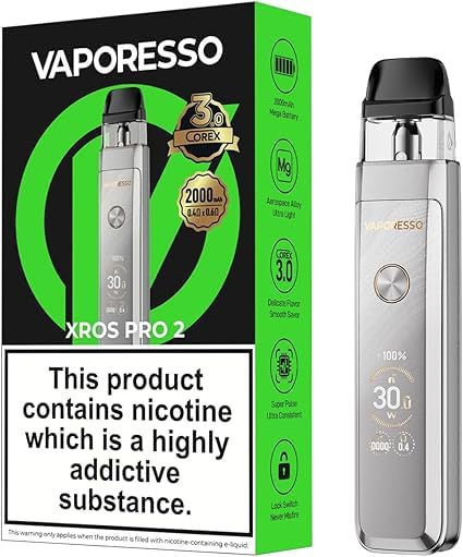 Vaporesso Xros Pro 2 2ml Vape Pod Kit 30W 2000mAh Mega Battery Fast Charging 0.96 TFT Screen Adjustable Airflow & Power Corex 3.0 Compatible with XROS Pods No Nicotine (Glittering Silver)