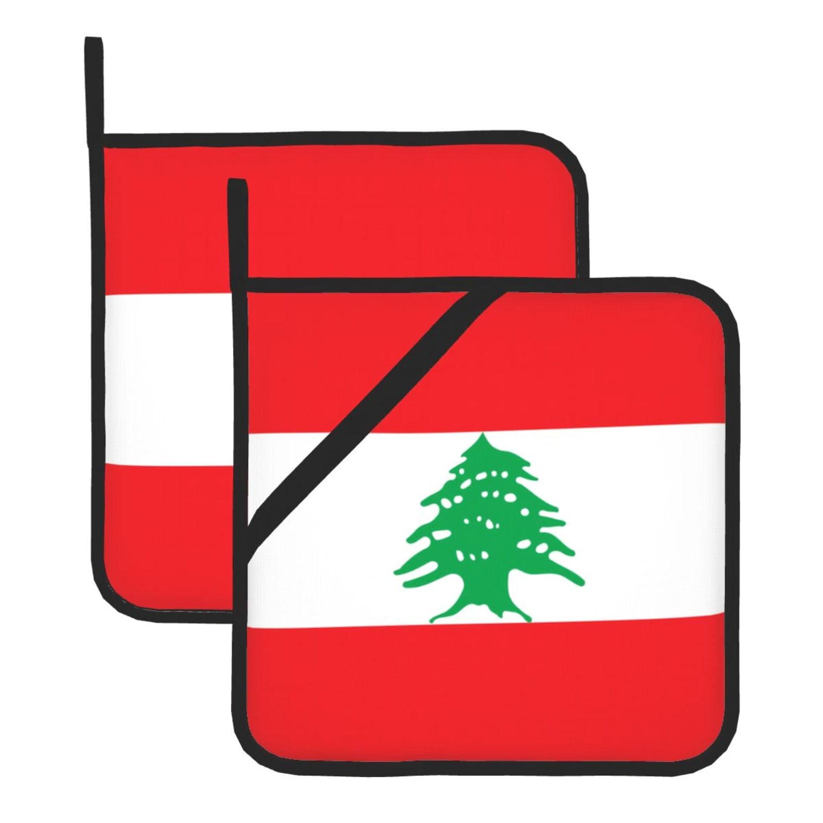 WHJDPP Flag of Lebanon Prints Square Hot Pads for Kitchen - Waterproof Pot Holders Set of 2, Durable Trivets with Pocket & Hanging Loop for Hot Dishes & Oven Use