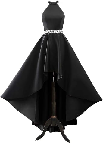 Satin Halter Prom Dresses for Women High Low Beaded Ball Gowns A-Line Formal Dress Wedding Party Gown with Pockets