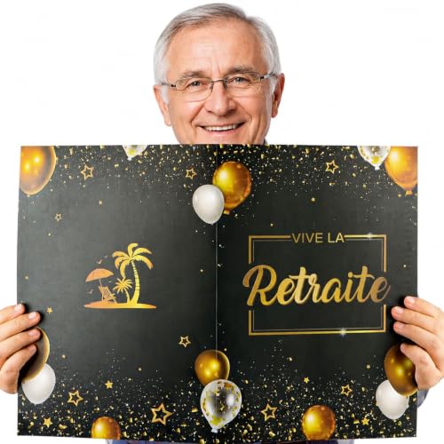 COMOOKA Carte Retraite Géante 42 x 30 cm VIVE LA RETRAITE Carte de Vœux Pliable Noire Or XXL avec Enveloppe Cadeau pour Collègue Ami Femme Homme