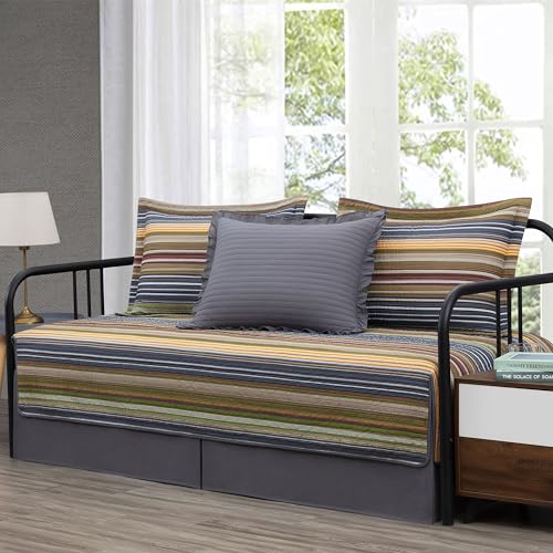 Image of Chezmoi Collection Avery Striped Cotton Quilt Set Daybed Size, 5-Piece Soft Pre-Washed 100% Cotton Quilt, Multi-Color Green