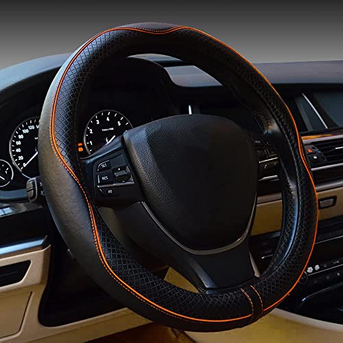 Image of Car Steering Wheel Cover, Anti-Slip, Safety, Soft, Breathable, Heavy Duty, Thick, Full Surround, Sports Style (Black with Light Orange Line)