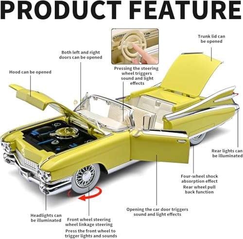 Image of 1:24 Cadillac Eldorado Die-Cast Model Car - Classic Alloy Metal Vintage Car with Pull-Back Action, Openable Doors & Detailed Interior (1:24 Cadillac Eldorado - Yellow)