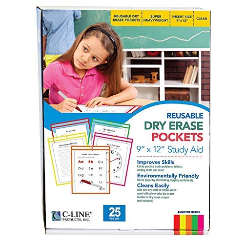 Reusable Dry Erase Pockets, 9 x 12, Assorted Neon Colors, 25/Box