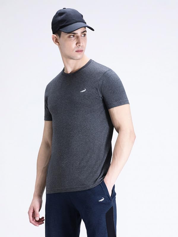 Image of CROCODILE Men Solid Sport Fit T Shirt | Round Neck | Short Sleeve | Regular Length | Basic Casual Pull On Topwear Grey Melange