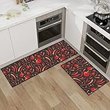 Kitchen Rugs Set Red Chili Peppers and Bell Peppers On Dark Hot Spices Stylish Kitchen Mat for Floor Non-Slip Washable Kitchen Runner Doormat Bath Rug Carpet Comfort Standing Mats Decorations