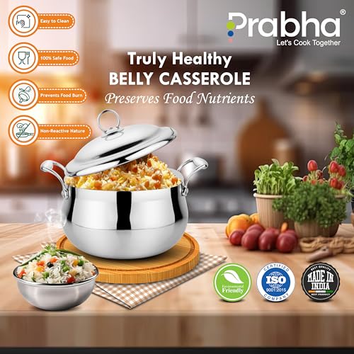 Image of Prabha Prima Belly Casserole with Lid | Roti Casserole Set 3700ML (20CM) | Casseroles Tri-Ply Layer | Hot Case /Hot Pot Food Grade | Serving Bowl Rice-Gravy-Curry /Hot Box | Induction Base & Gas Stove