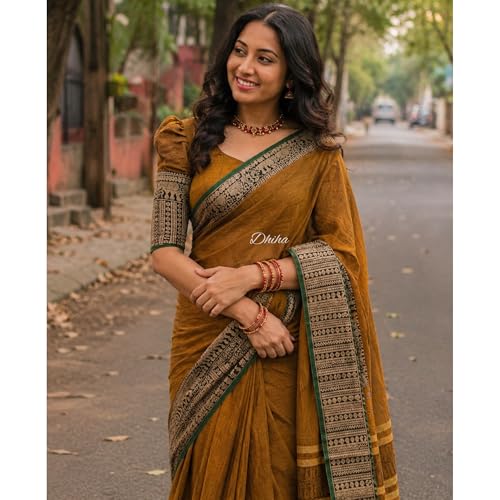 Image of Narayanpet Pure Cotton Avani Border Saree for Women with Running Blouse | Tassels | Traditional Woven Solid Design | Handloom Weave