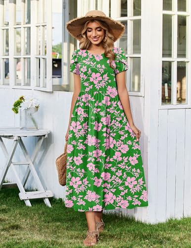 Image of Zeagoo Summer Dresses for Women 2026 Maxi Bohemian Floral Short Sleeve Long Dress Casual Flowy Tired Beach Sundress