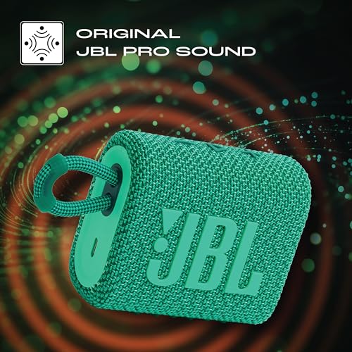 Image of JBL Go 3 Eco with eco-Friendly Recycled Materials and Packaging, Wireless Portable Bluetooth Speaker, Pro Sound, Vibrant Colors with Rugged Fabric Design, Waterproof, Type C (Without Mic, Green)