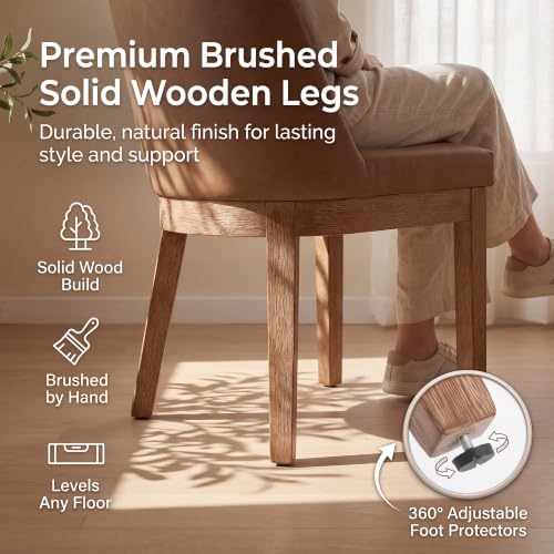 Image of Brown Faux Leather Dining Chairs Set of 6, Upholstered Dining Room Chairs | Comfortable Back Support, Sturdy Brushed Solid Wood Legs, Modern Farmhouse Kitchen Chairs for Living Room, Home, Apartment