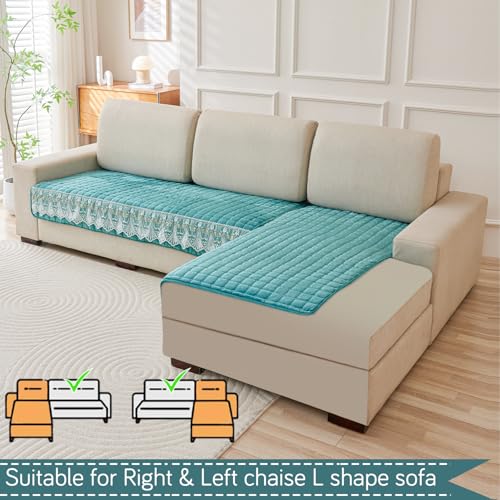 Image of HOKIPO Bellelace Velvet Sofa Cover L Shape 5 Seater Mat, 3+2, Teal