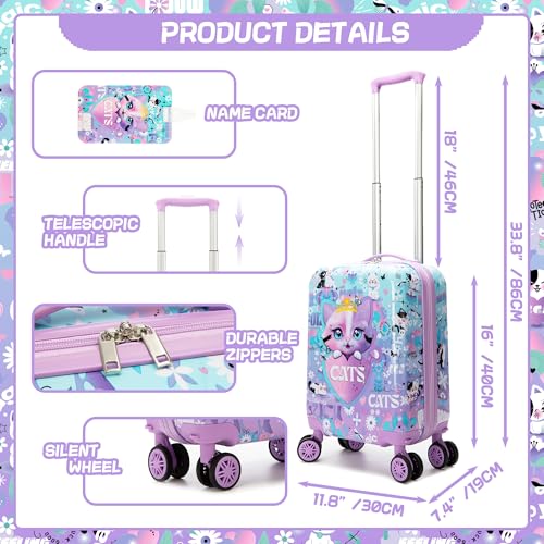 Image of Cute Cat Kid's Luggage Set 2 Piece Suitcase Set 16 inch Hardside Luggage with Spinner Wheels Girls Carry on Toddler Travel Rolling Luggage Airline Approved