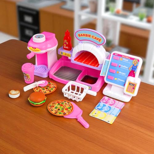Image of Barbie Cafe Pizza Set for Kids by Genie's Toy Bus I Pretend Play Toy Set for I Electronic ATM Machine I Let's Play Cafe Pizza Set with Coffee Maker, Dining Table, etc I Toy for Age 3+