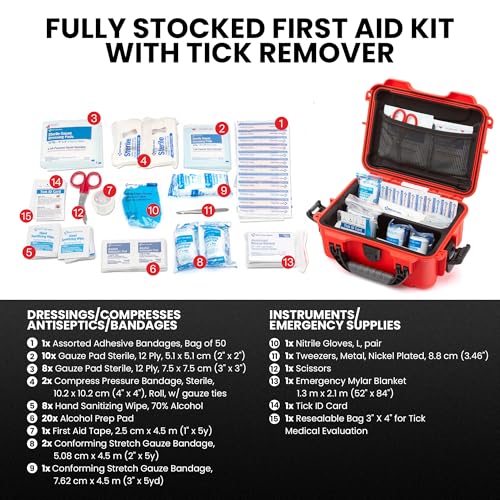 Image of NANUK 904 Waterproof First Aid Kit 110pcs - Durable, Pre-Stocked First Aid Emergency Kit with Bandages, Tick Removal Tool, and More - Dustproof, Impact-Resistant, Floats (10.2 inch x 7.9 inch x 4.5 inch) - Red
