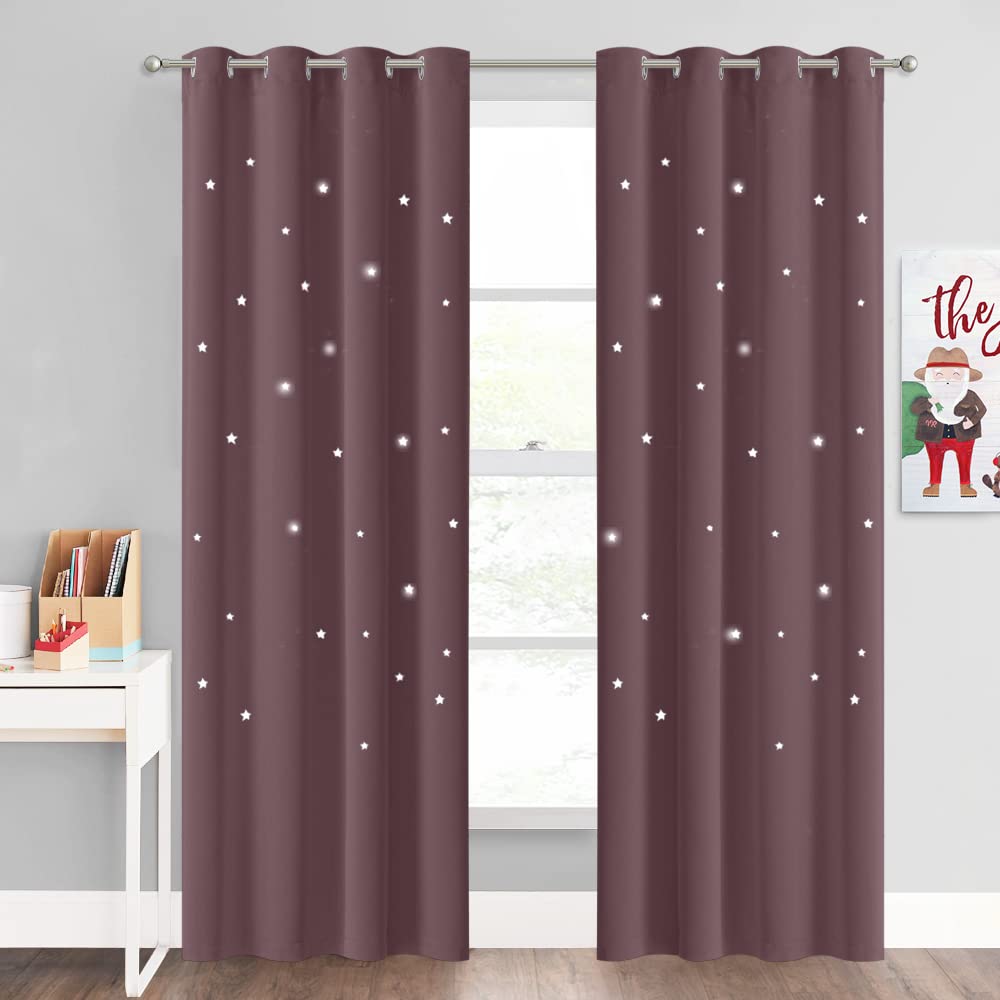 NICETOWN Kids Blackout Curtains 84 Inch Long for Girls Bedroom, Star Cutout Window Drapes with Grommet Top for Light Blocking and Noise Reducing, 52 x 84 Inches, Dry Rose, 1 Panel