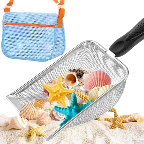 UMUACCAN Beach Mesh Shovel, Shark Tooth Sifter Dipper with Mesh Bags for Shell Collecting, Kids Filter Sand Scooper for Picking Up Shells - Beach Snow Toys for Kids (Black)