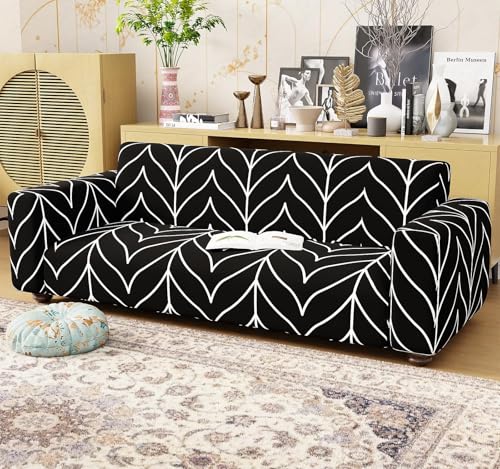 Image of Lukzer 3 Seater Black Stripe Pattern Universal Sofa Cover | 360 Fully Covered Anti-Slip Washable Couch Cover Protecter | 140 GSM Stretch Fit Polyester + Spandex Slipcover (180-230cm /SC-027-03)