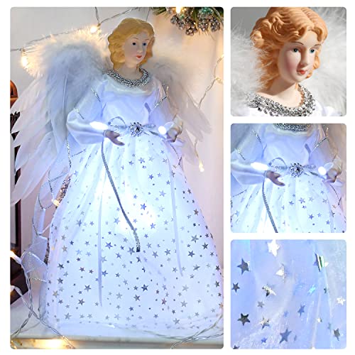 Monthers Day Gift Angel Christmas Tree Topper Ornament With White Feather Wings, Xmas Trees Topper Star Decor For Home Holiday Party Christmas, 12 Inch Tall #TOP3