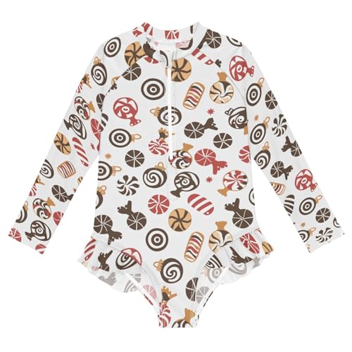 CaTaKu Girls One Piece Swimsuit Christmas Candies Brown Toddler Bathing Suit Long Sleeve UPF 50+ Rash Guard Swimwear 3-12Y