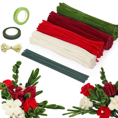 【Set di scovolini per bouquet di rose】 Questo set di scovolini per bouquet di rose contiene tutto il necessario per creare rose: circa 320 bastoncini per pulizia di pipe in 4 colori (80 bastoncini rossi, 80 bastoncini rosso scuro, 80 bastoncini verdi, 80 bastoncini beige, lunghezza 30 cm x 6 mm), Inoltre sono inclusi 20 fili per fiori verdi, due nastri per fiori (verde militare/verde mela) e circa 180 fiori pistillo. Puoi facilmente creare molti mazzi di fiori creativi e regali fatti a mano con i nostri sganci per tubi, ideali per principianti e appassionati di fai da te.