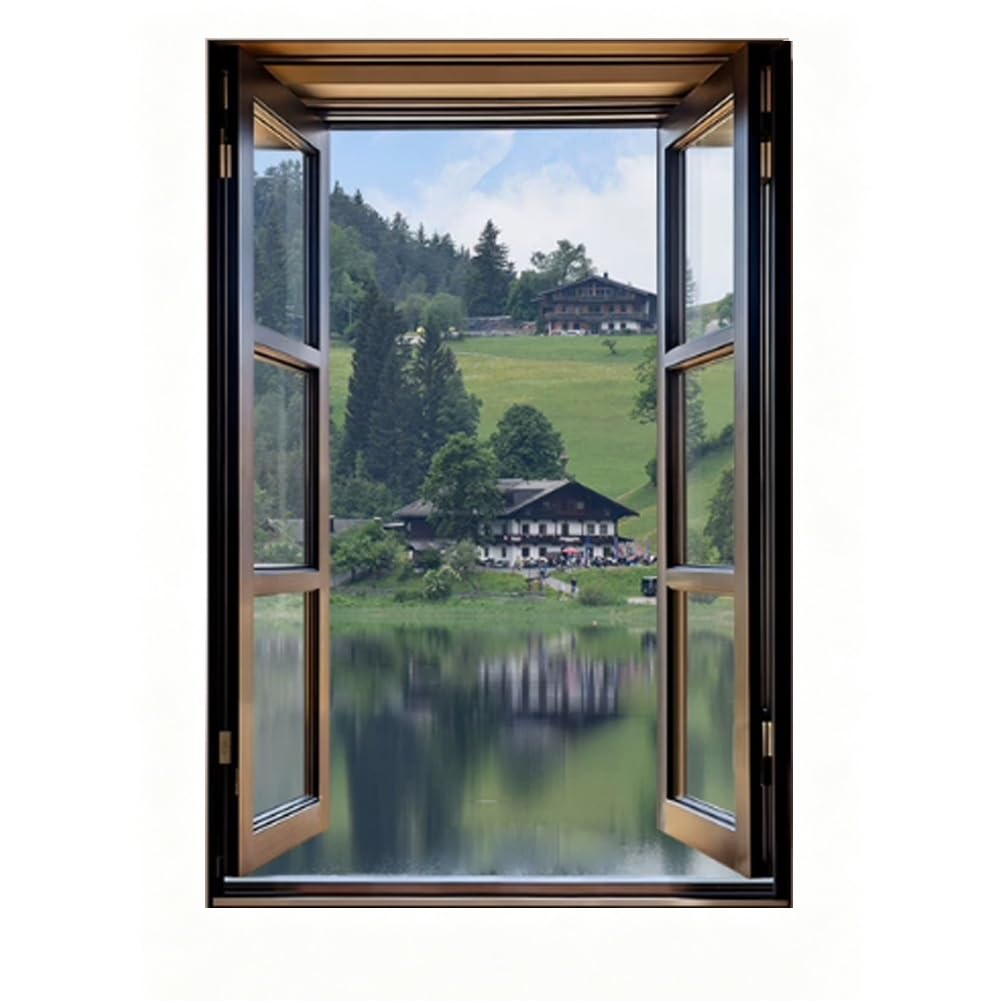 GZHERVICES Faux Window Mountain View Wall Art, Fake Window Frame View Of Sunlight Over The Hill Landscape，3D Realistic Scenic Landscape Canvas Print For Living Room Bedroom Home Decor(H,90x130 cm)