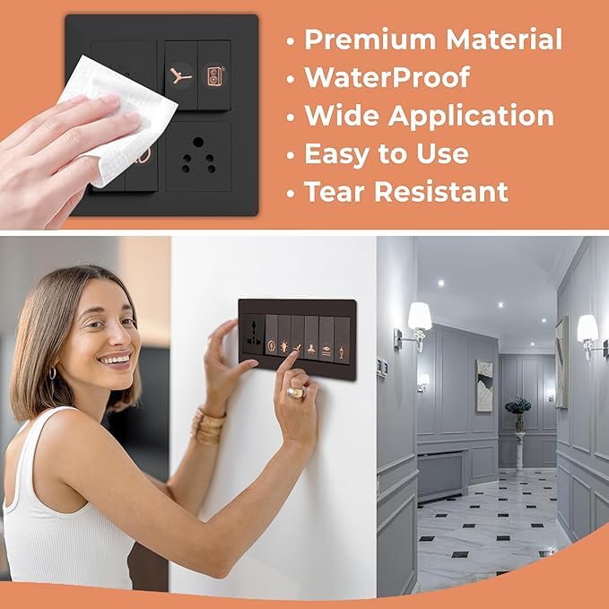 Image of Golden Switch Board Stickers for Home and Office - 330 Self Adhesive Electric White Switch Board Covers, Vinyl Transparent Stickers for Lightbulb, Fan, AC, Stickers (Rose Gold s)