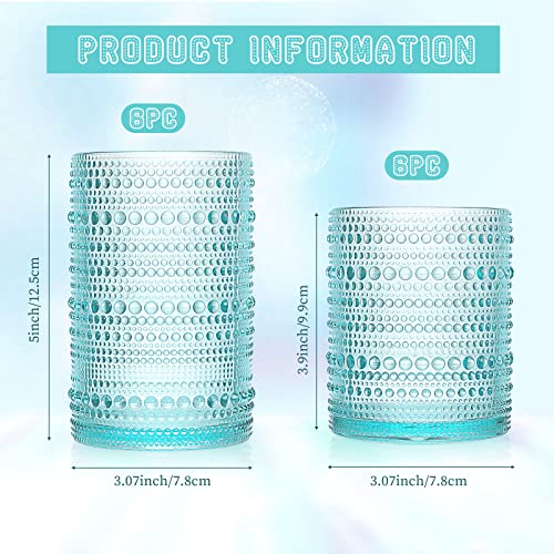 Foaincore 12 Count Hobnail Drinking Glasses Set Vintage Glassware Old Fashioned Beverage Glasses 6 Highball Bubble Cocktail 14 Oz, 6 Rocks Glass Cup 11 Oz Water Elegant Glassware (Lake Blue) #TOP1