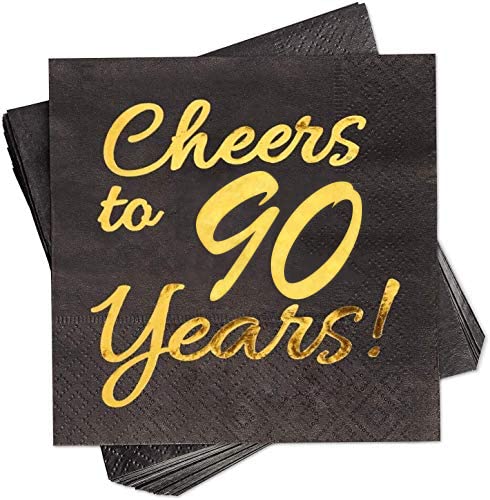 90th Birthday Decorations for Men Women Party Supplies Cocktail Napkins Black 50 Pack,5"x 5" Folded,Cheers to 90 Years! (90)