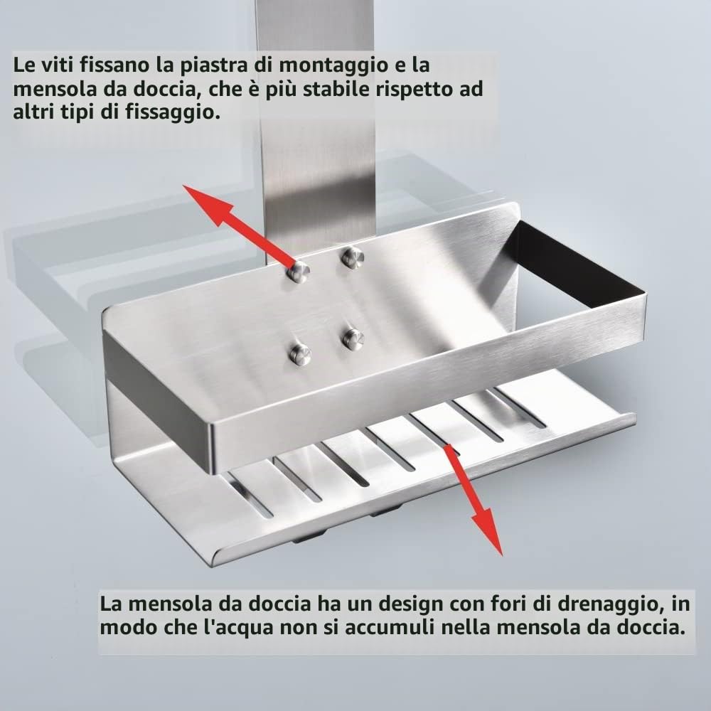 Mensola per Cabina Doccia Portaoggetti da Appendere Staffa per Shampoo Nichel Spazzolato Vetro Ganci K07-23BNGL