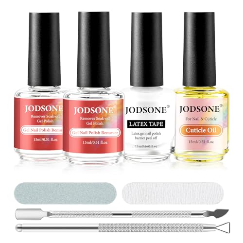 Image of JODSONE Professional Gel Nail Polish Remover Kit:2Pcs 15ML Quick Gel Nail Polish Remover,15ML Cuticle Oil and Latex Tape Liquid,2 Sanding Strips and Steel Pushers,Remove at Home without Going Salon