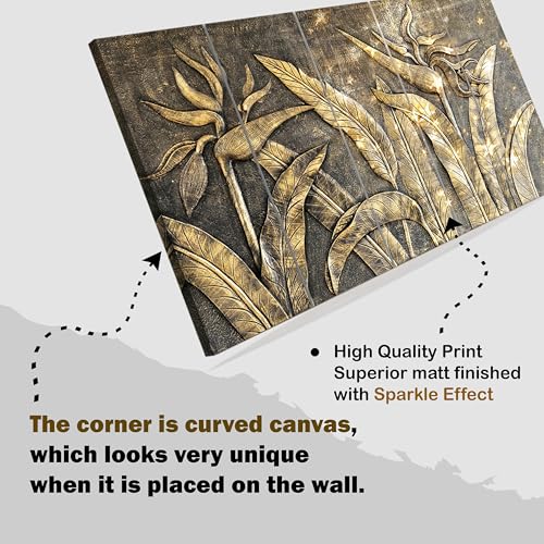 Image of Maxstone Goldan Leaves Leaf Natural Wall Painting Living Room,Bedroom,Office,Home Decor 5 Panal Wall Painting Big Size Wall Hanging Decorative Painting HD (30x60 inch) M1301