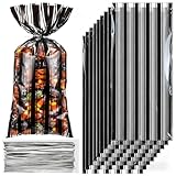 200 Stück Elegante Schwarz-Weiß gestreifte Zellophanbeutel, Halloween Süßigkeiten Tüten (15x23cm), Halloween Tüten für süßigkeiten, Ideal für Geschenke, Partys, halloween, Süßigkeiten und Kekse