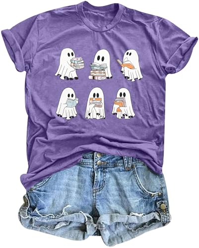 Halloween Teacher Shirts for Women Ghost Reading Books Shirt Funny Spooky Bookish Tee Halloween Party Short Sleeve Tops, Purple, M