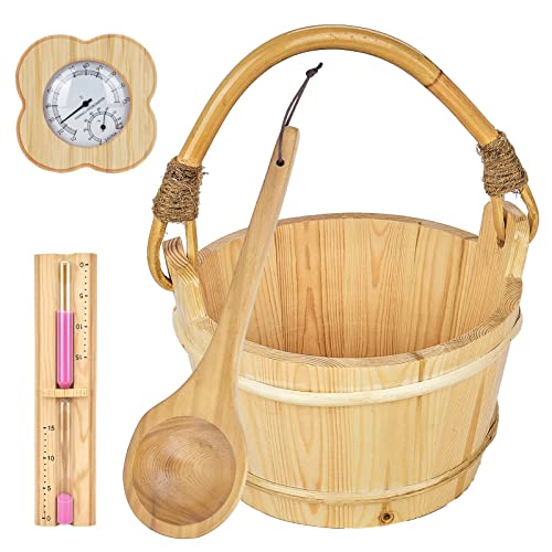 Sauna Eimer mit Kelle aus Holz 4L, Hochwertiges Sauna Zubehör Komplett Set 5-Teiliges für Zuhause - Saunakübel mit PVC-Einsatz, Saunakelle, Sanduhr, Sauna Thermometer-& Hygrometer