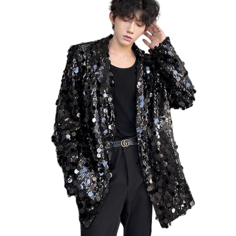 Loose Men's Sequins Jacket Coat Blazer Casual Bling Wear for Party Prom Singer Dancer Performance (US, Alpha, Medium, Regular, Regular, Black)