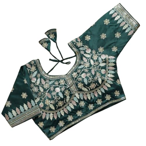 sangam prints Dark Green Satan Silk Free Size Stitched Blouse with Traditional Embroidery Work-picture-48