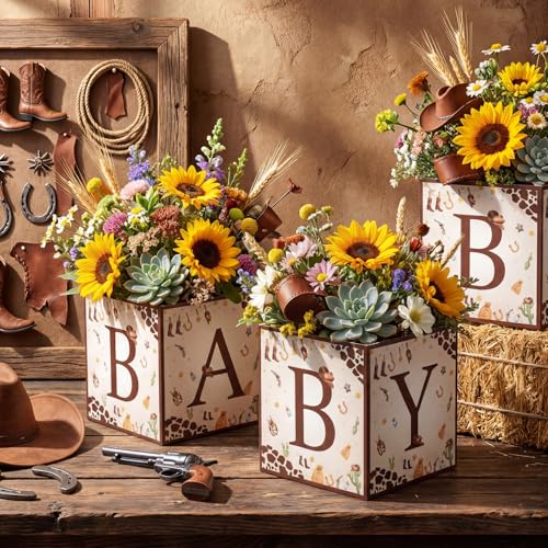 Image of Bucherry 6 Pcs Baby Shower Centerpiece Boxes with 'baby' Letters Flower Boxes Tables Decoration for Girl Baby Shower, Birthday, Gender Reveal Party Favors(Brown,Cowboy)