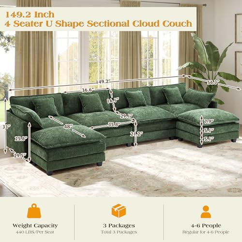 Image of 149.2 inch Modular Sectional Sofa,U Shaped Couch for Living Room,Modern Deep Seat Sofa 3 Seater Chenille Fabric Comfy Cloud Couches with Throw Pillows & Movable Ottoman