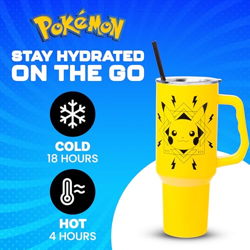 Image of Silver Buffalo Pokemon Lightning Double Walled Stainless Steel Tumbler with Handle Featuring Pikachu, Fits in Standard Cup Holder, 40 Ounces