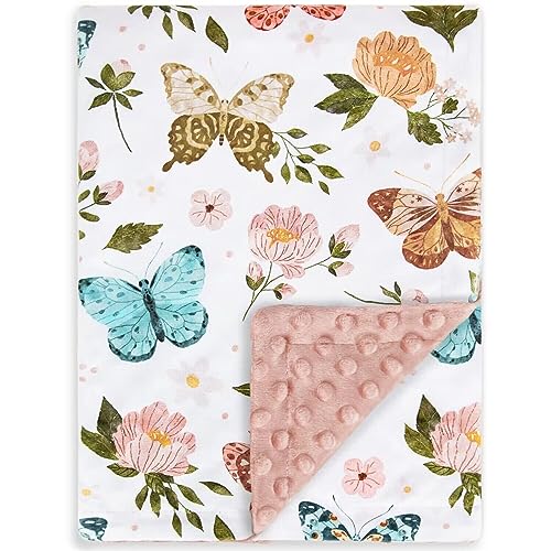 Homritar KTYT002I Floral Baby Blanket For Girls Soft Comfy Minky Toddler Blanket With Double Layer Dotted Backing, Beauty Butterfly Printed Bed Blanket For Nursery Crib Decor 30 X 40 Inch  cover