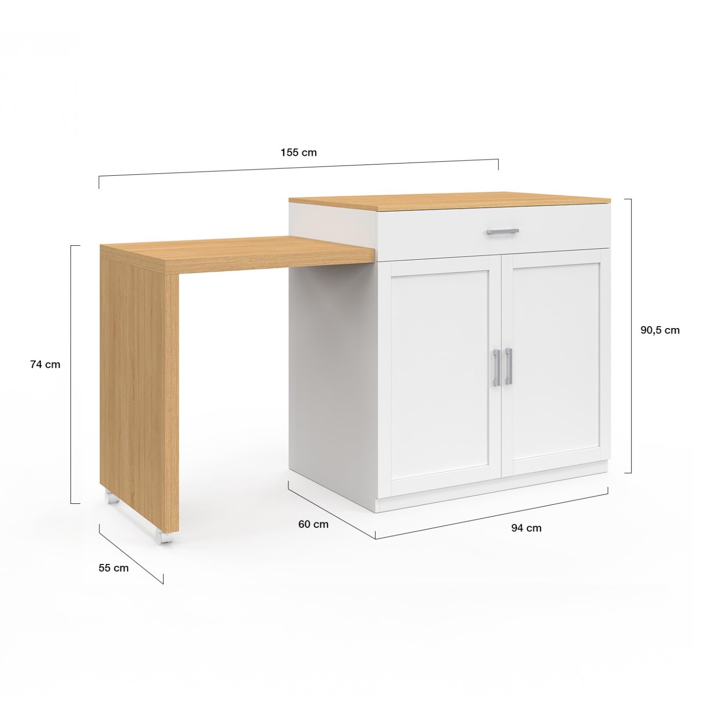 IDMarket - Ilot Central VITO 94-155 cm Bois Blanc avec Table à Manger Extensible intégrée façon hêtre