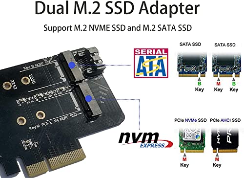 Image of Pi+(PiPlus) Dual M.2 PCIE Adapter for SATA or PCIE NVMe SSD, M.2 SSD NVME (m Key) and SATA (b Key) 2280 2260 2242 2230 to PCI-e 3.0 x 4 Host Controller Expansion Card (MKeyBkey)-NOT BOOTABLE