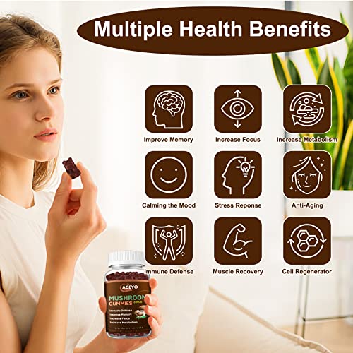 ACEYO Mushroom Gummies Complex Supplement 3000mg -Lions Mane, Ashwagandha, Turkey Tail, Cordyceps, Chaga, Reishi Mushroom- Nootropic Brain Supplements for Memory and Focus, Energy and Immune Support - Image 4